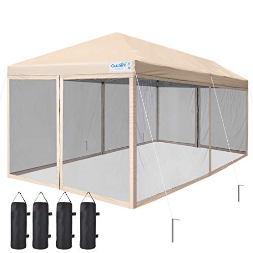 Quictent Ez Pop up Canopy Screened with Netting Instant Screen House Room Tent Mesh Side Walls, Roller Bag & 6 Sand Bags Included (Tan, 10 x 20 ft)