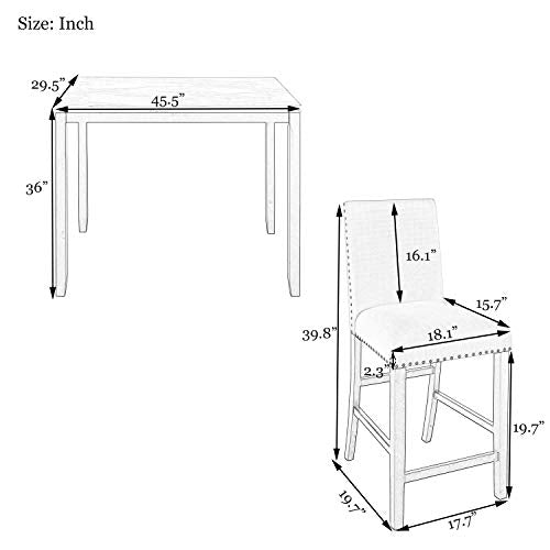 Harper & Bright Designs 5-Piece Kitchen Table Set Faux Marble Top Counter Height Dining Table Set with 4 Beige Fabric Upholstered Chairs