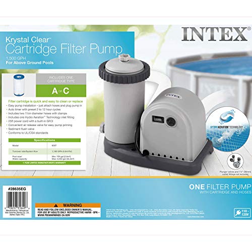 Intex 28635EG Krystal Clear Cartridge Filter Pump for Above Ground Pools, 1500 GPH Pump Flow Rate, 110-120V with GFCI