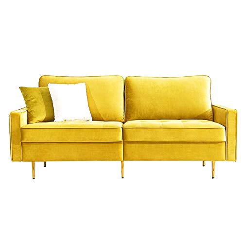 Rhomtree Mid Century Sofa Velvet Fabric Upholster Couch 71” Modern Futon Bench Loveseat Living Room Sofa with 2 Throw Pillows (Yellow)