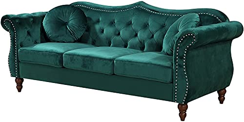 Container Furniture Direct Anna1 Velvet Upholstered Classic Nailhead Chesterfield Living Room, Sofa, Pine Green