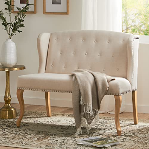 Christopher Knight Home Adrianna Wingback Button-Tufted Fabric Loveseat, Natural Plain