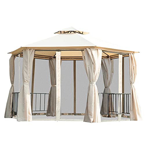 Outsunny 6.6' 2-Level Hexagon Outdoor Patio Gazebo Canopy Pavilion with Removeable Mesh Curtains, Double Tiered Roof, UV Protection