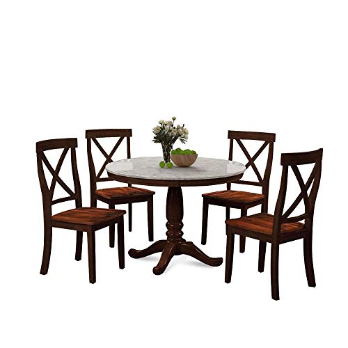 PovKeever Harper Bright Designs 5 Piece Dining Set Rubber Wood/ 1 Table with Marble Top and 4 Chair/Kitchen Room Dining Room Furniture (Espresso)