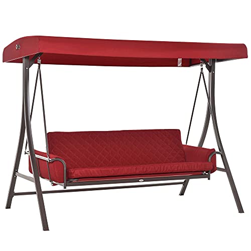 Outsunny 3 Person Patio Swing Chair Bench Outdoor Convertible Hammock Bed with Adjustable Canopy, Cushion, Pillows for Porch, Backyard, Garden, Red