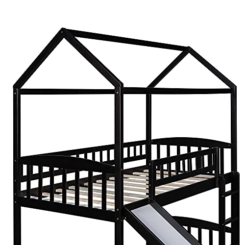 Twin Loft Bed with Slide and Ladder , House Loft Bed for Kids , Wood Loft Bed Frame for Girls Boys,No Box Spring Needed,Espresso