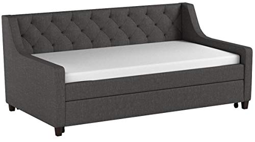 Novogratz Her Majesty Upholstered Daybed with Trundle, Twin Size Frame, Grey Linen