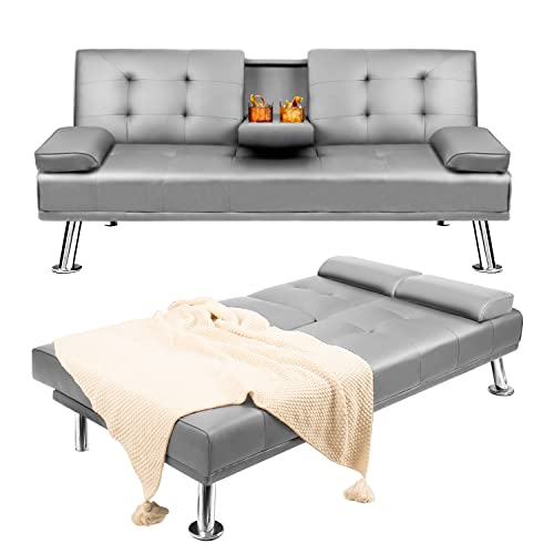 YESHOMY Futon Sofa Bed Modern Faux Leather Convertible Folding Lounge Couch for Living Room with 2 Cup Holders, Removable Soft Armrest and Sturdy Metal Leg, Gray