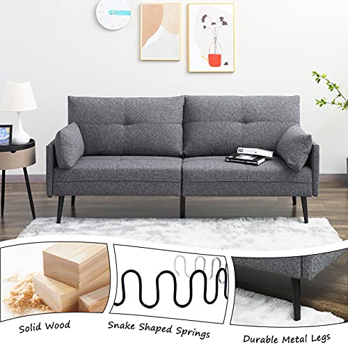 Vonanda Linen Fabric 3 Seater Sofa with 2 Accent Rectangle Pillows, Modern Couch with Base-Two-Cushion and Metal Legs, Upholstered Sofa for Bedroom Living Room Apartment Dorm Office, Gray