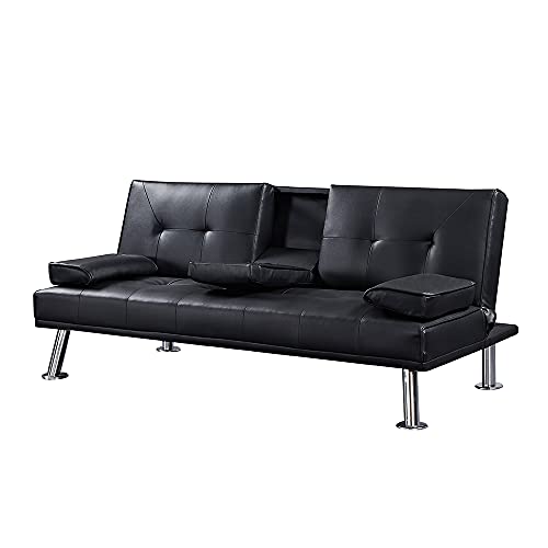 UNIROI Faux Leather Folding Futon Sofa Bed with 2 Cup Holders, Ottoman, Single Sleeper Sofabed w/Removable Armrest and Metal Legs, 3 Piece Living Room Funiture Set, Black