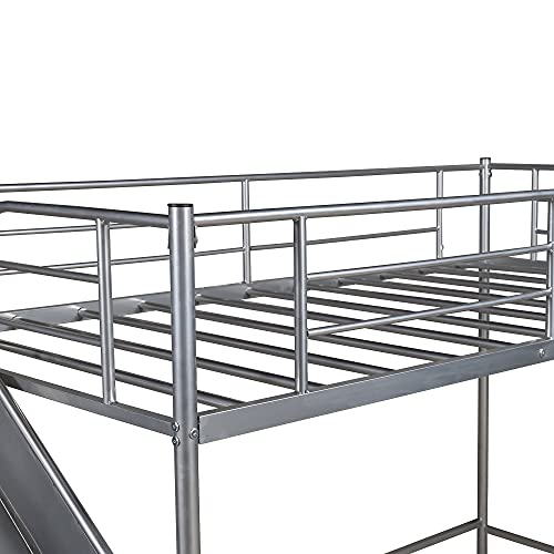 Kids Low Loft Bed with Slide and Storage, Twin Metal Low Loft Bed Frame for Boys & Girls, Silver