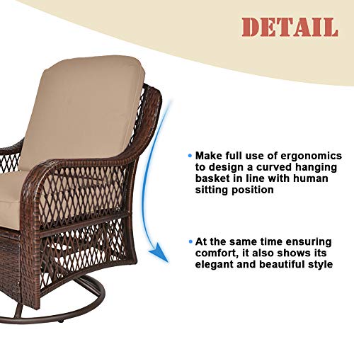 LETATA 3-Pieces Patio Wicker Bistro Furniture Set with Cushioned Swivel Rocking Chairs Side Table Outdoor Rattan Conversation Sets