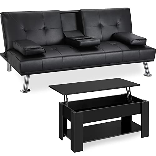 Yaheetech Living Room Furniture Sets Lift Top Coffee Table w/Hidden Compartment & Storage Space + Faux Leather Convertiable Sofa Bed w/Cup Holder Sofa Bed Couch for Living Room (Black)