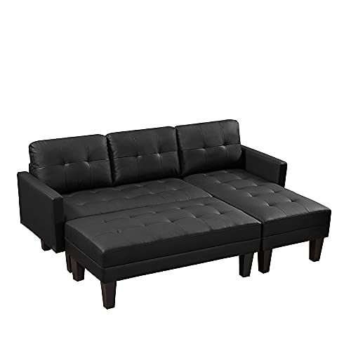 Sectional Sofa, Faux Leather Sectional Sofa Bed, L-Shape Sofa Chaise Lounge with Ottoman Bench Tufted Faux Leather 3-Seat L-Shape Sectional Sofa Couch Set w/Chaise Lounge, Black