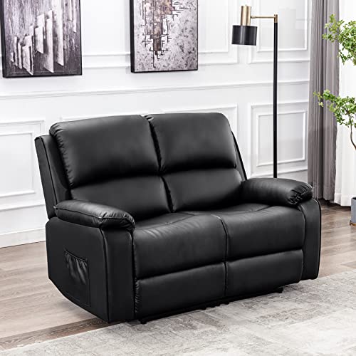 COMHOMA PU Leather Recliner Sofa Modern Reclining Loveseat 2-Seater Sofa with Flipped Middle Backrest, Theater Seating for Living Room/Home Furniture (Black, 2 Seater)