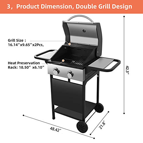 R.W.FLAME 16000BTU Liquid Propane Gas Grill with 2 Burners ，Stainless Steel Gas BBQ Wagon