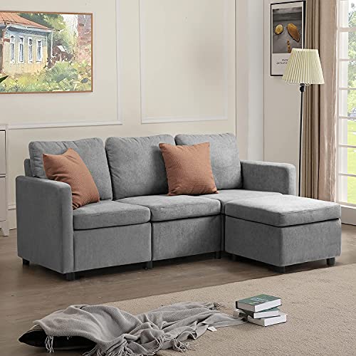 Flamaker Convertible Sectional Sofa L-Shaped Couch 3-seat Modern Fabric Reversible Sofa Couch for Living Room (Grey)
