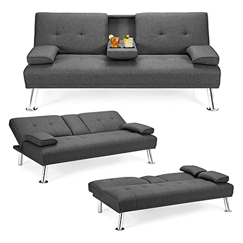 AWQM Futon Sofa Bed Upholstered Modern Convertible Folding Sofa Couch Sleeper for Compact Living Space, Apartment, Dorm, Removable Soft Armrest, 2 Cup Holders, 67