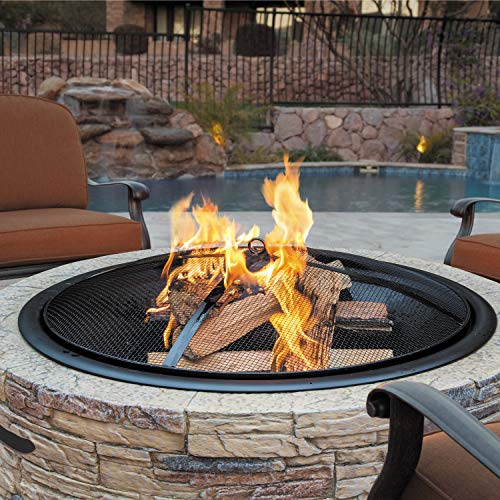 Sun Joe SJFP35-STN Cast Stone Base, Wood Burning Fire Pit w/Dome Screen and Poker