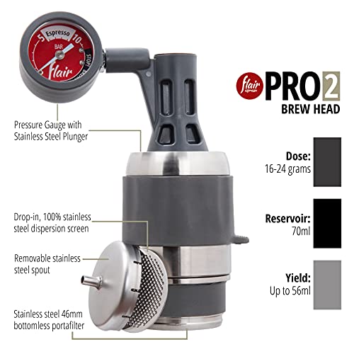 Flair Espresso Maker PRO 2 (Black) - An all manual lever espresso maker with stainless steel brew head and pressure gauge