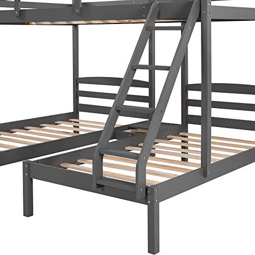 Harper & Bright Designs Full Over Twin & Twin Bunk Bed for 3 Triple Bunk Beds Wooden Bunk Beds for Kids Teens Adults (Gray)