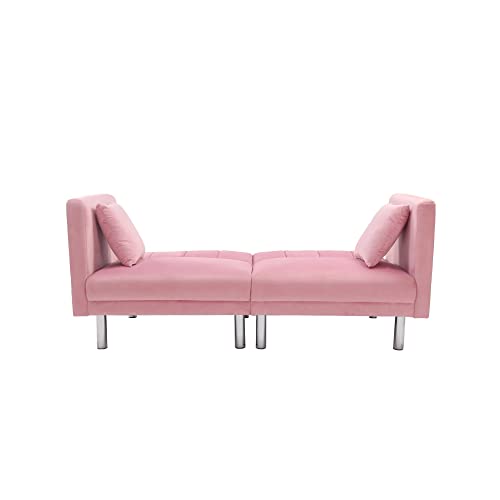 Futon Sofa, Loveseat Sofa, Convertible Sleeper Pink Velvet, with Metal Legs and Detachable Armrests