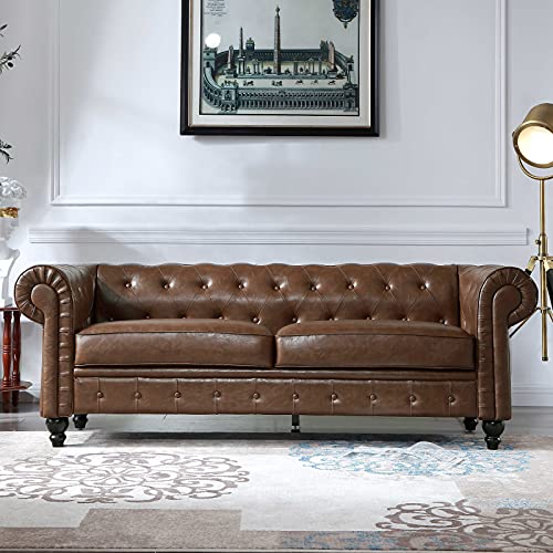 80 Inch PU Chesterfield Sofa, Modern Upholstered Button Tufted Rolled Arm Sofa Couch for Living Room, Office, Bedroom (Brown)