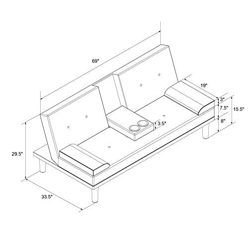 DHP Marley Sofa Sleeper with Cupholder and 2 Pillows, Black Faux Leather