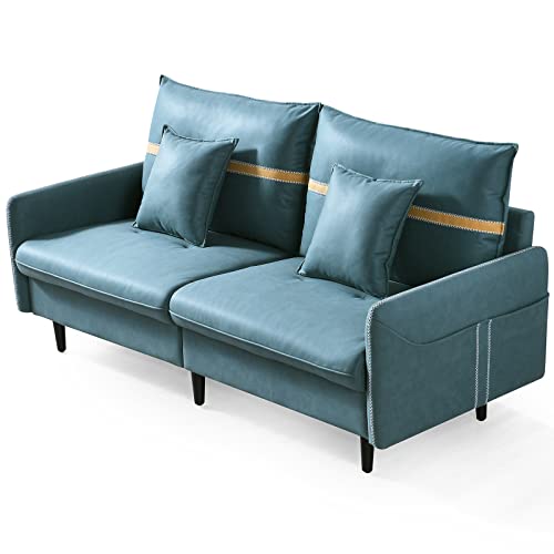 72.83 inch Sofa Couch, Modern Sofa Loveseat Furniture with Solid Wood Frame, Deep Seat Sofa, Mid-Century Upholstered Couch with 2 Side Pockets for Living Room, Bedroom, Apartment, Tool Free (Blue)