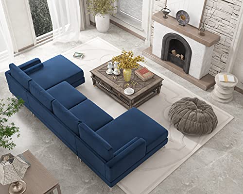 Harper&Bright Designs Sectional Sofa Set, Living Room Furniture Sofa Set, Modern Elegant Velvet Upholstered Couch with 2 Pillows (Navy Blue)