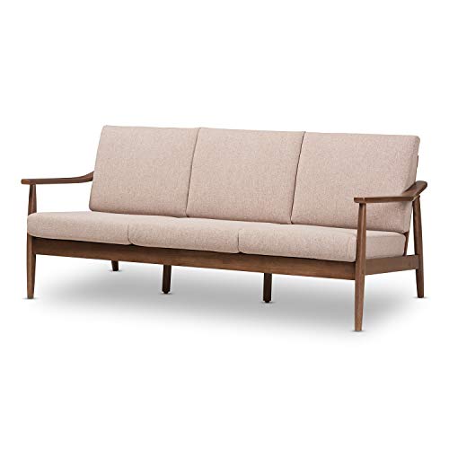 Baxton Studio Venza Mid-Century Modern Walnut Wood Light Brown Fabric Upholstered 3-Seater Sofa Mid-Century/Light Brown/Walnut Brown/Fabric Polyester 100%