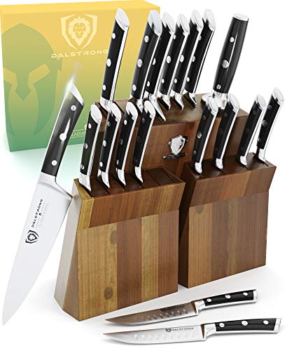 DALSTRONG Knife Set Block - Gladiator Series - 18-Pc Colossal Knife Set - Razor Sharp - German HC Steel - Acacia Wood Stand - Black ABS Handles - NSF Certified