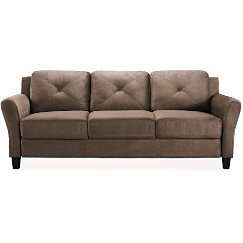 Brown Sofa Living Room Furniture Velvet-Like Cushions Couch Curved Arms 3 Person Indoor Seating Home Decor Modern Wood Frame