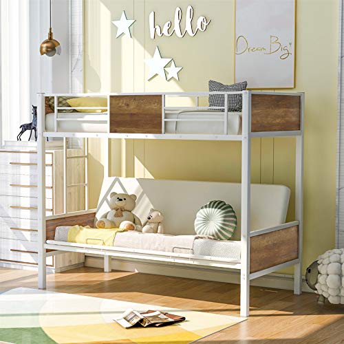 Bunk Bed with Futon ,Twin Over Futon Bunk Bed Easy Conversion to Twin Over Full Bunk Beds, Metal Futon Bunk Bed with Guardrails and Ladder, White