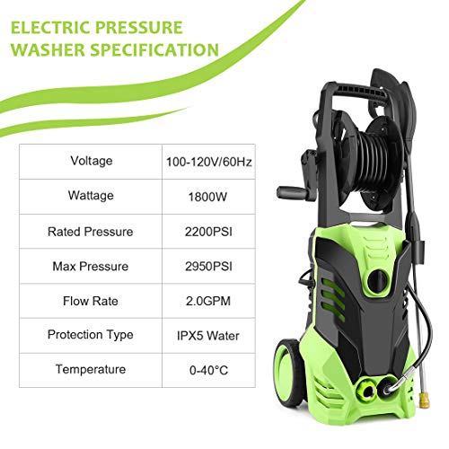 Homdox 2950 PSI Electric Pressure Washer 2.0 GPM High Pressure Washer 1800W Electric Power Washer Cleaner with Hose Reel 5 Nozzles