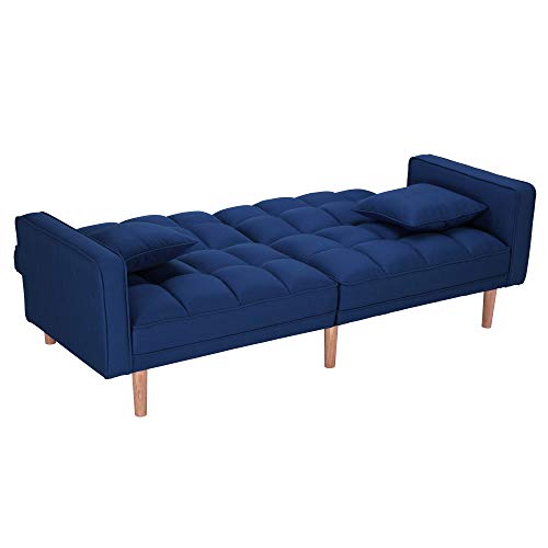 Futon Sofa Bed Sleeper Loveseat,JULYFOX 2 Position Recliner Couch Tufted Upholstered Fabric Sofa with Armrest 2 Throw Pillows Heavy Duty Design-Blue