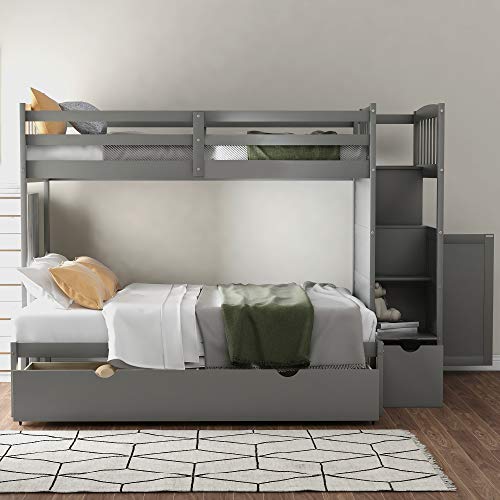 Bunk Beds Twin Over Full Size Solid Wood Bunk Beds for Kids with Drawers Full-Length Guardrail, No Box Spring Required (Grey)