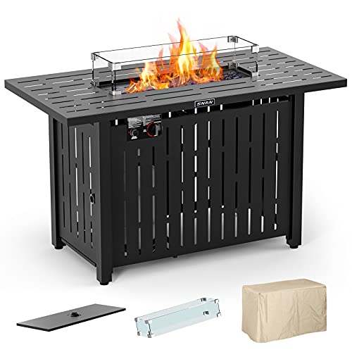 43in Outdoor Propane Gas Fire Pit Table with Glass Wind Guard, Glass Rock, Waterproof Cover, SNAN Retangular 50,000 BTU Auto-Ignition CSA Certification