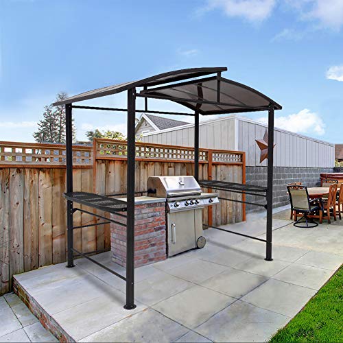 COOL Spot 8'x5' BBQ Grill Gazebo Outdoor Backyard Steel Frame Double-Tier Polycarbonate Top Canopy with Shelves Serving Tables