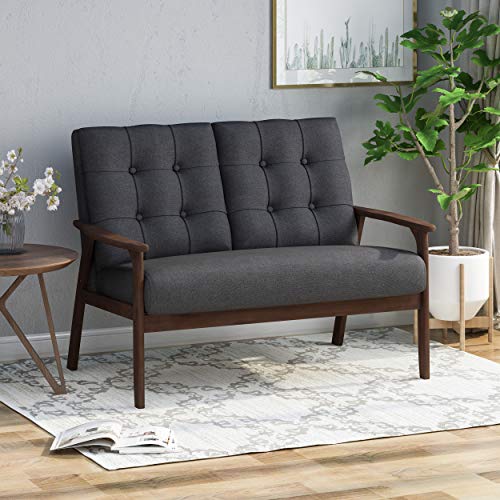 Christopher Knight Home Athena Mid Century Waffle Stitch Tufted Accent Loveseat with Rubberwood Legs-Black and Walnut Finish