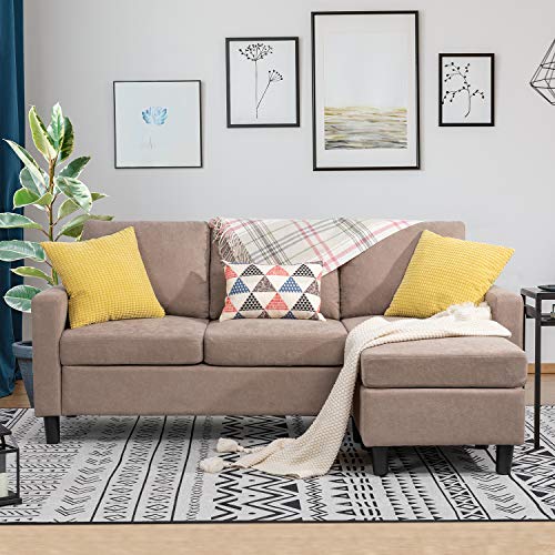 Shintenchi Convertible Sectional Sofa Couch, Modern Linen Fabric L-Shaped Couch 3-Seat Sofa Sectional with Reversible Chaise for Small Living Room, Apartment and Small Space (Light Brown)