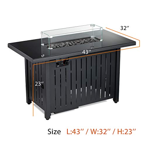 43 in Propane Fire Pit Table,Fire Pit Table with Glass Wind Guard,60,000 BTU Auto-Ignition Gas Firepit,CSA Certification and Black Tempered Glass Tabletop ,for Outdoor, Patio, Lawn
