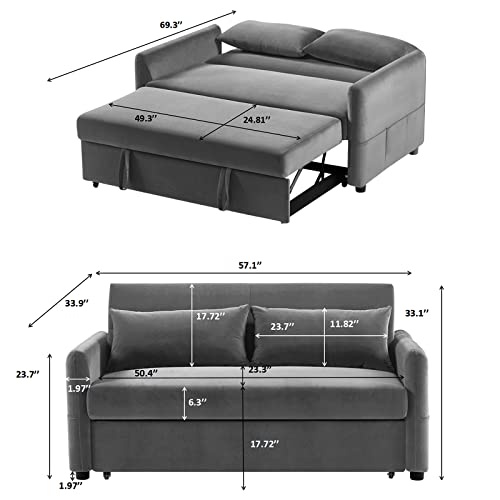 Velvet Loveseat Sleeper Pull Out Sofa Bed Couch with 2 Toss Pillows Convertible 3 in 1 Upholstered 3-Position Adjustable Backrest Small Sofa Bed for Compact Livingroom Space Guest Room, Dark Grey