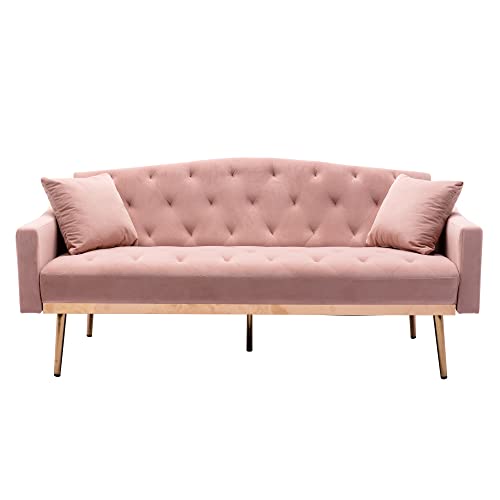 Luccalily Accent Sofa,Velvet Leisure Sleeper Comfy Sofa Couch with 2 Throw Pillow, Accent Sofa Recliner,with 5 Rose Golden Metal Legs,Mid-Century Modern Velvet loveseat Sofa for Living Room (Pink)