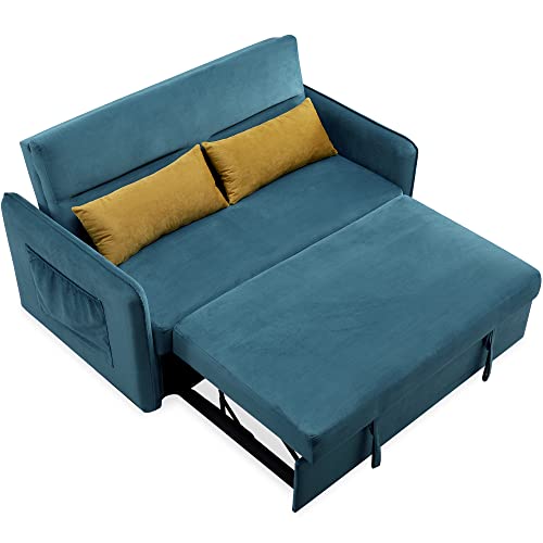 57” Convertible Sofa Bed Futon Sleeper Bed with 2 Lumbar Pillow, Side Pocket and Pull Out Bed Velvet Sofa for Living Room Apartment Blue