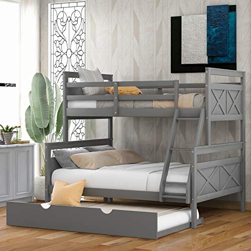 Bunk Beds Twin Over Full Size Solid Wood Bunk Beds for Kids with Built-in Ladder, No Box Spring Required (Grey (with Trundle))