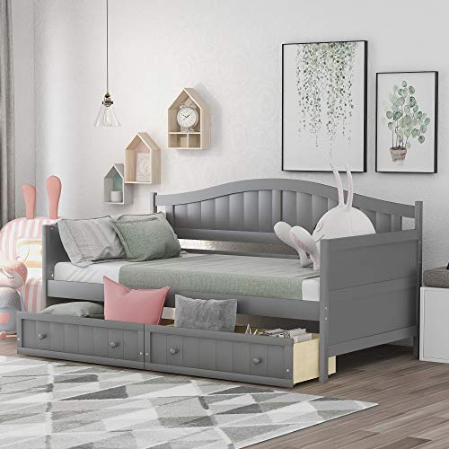 Wooden Twin Daybed Frame with 2 Drawers,Wooden Sofa Bed for Bedroom Living Room,Twin Size Daybed with Storage Drawers (Gray)