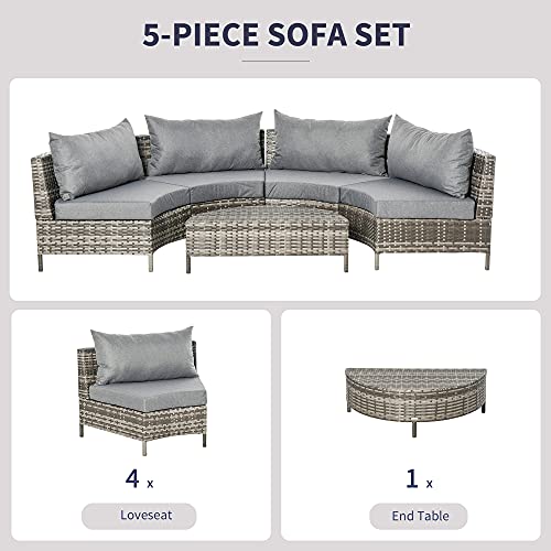 Outsunny 5PC Outdoor Patio Furniture Set Garden Sectional Rattan Wicker Sofa Set Cushioned Half-Moon Seat Deck w/Pillow Grey