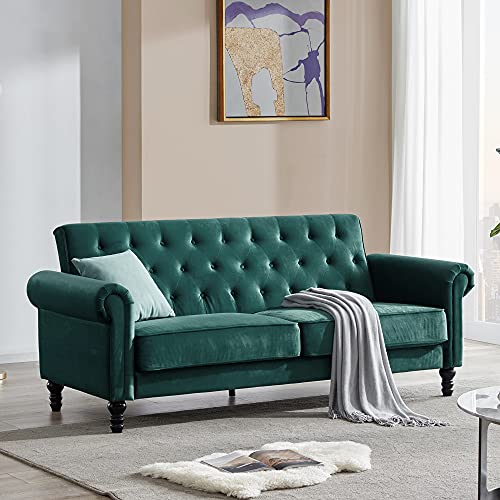 FAMIROSA Classic Sofa Couch, Mid-Century Upholstered Velvet Fabric Tufted Sofa with Scroll Arms for Living Room, Bedroom, Apartment