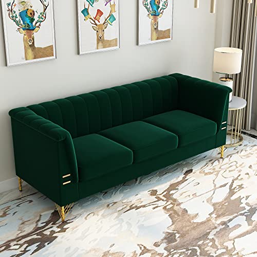 Mid-Century Modern Velvet Upholstered Chesterfield Sofa Couch, 3 Seat Tufted Back Couches with Flared Arms & Metal Legs, Sleeper Sofa for Living Room, Compact Living Space, Apartment, Bonus Room,Green